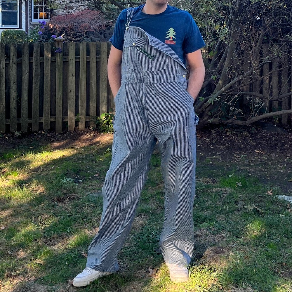 Key Brand Blue White Striped Denim Bib Overalls L